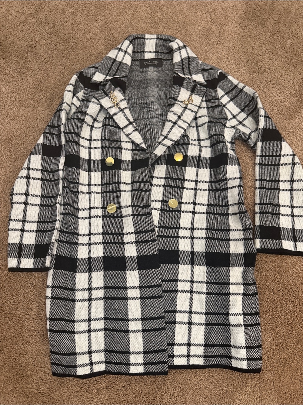 Evan Picone Black & White Plaid Double-Breasted Cardigan Coatigan
